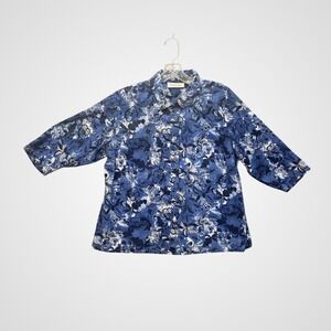 Breckenridge Woman Button Up Shirt Womens 1X Blue Floral 100% Cotton Plus Size